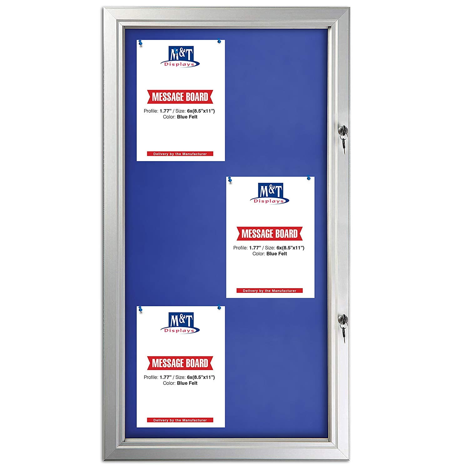 Enclosed Blue Felt with Cork Bulletin Board for Outdoor Use, 6x(8.5x11) Inch Paper Size, Lockable Silver Profile, Shatter Resistant Cover, Includes Keys Pins and Mounting Hardware