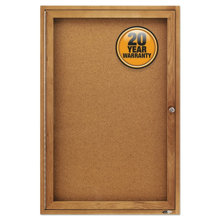Enclosed Indoor Cork Bulletin Board with One Hinged Door, 24 x 36, Tan Surface, Oak Fiberboard Frame Enclosed Indoor Cork Bulletin Board with One Hinged Door, 24 x 36, Tan Surface, Oak Fiberboard Frame