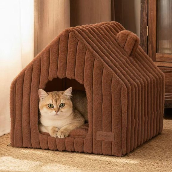 Enclosed Cat Bed Cave with PVC Frame Washable Plush Cover and Non-Slip Bottom Brown