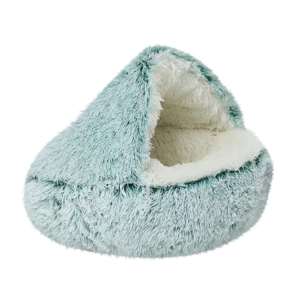 Enclosed Cat Cave Bed, Cave Cat Bed For Indoor Cats, 16 In Long Shag Faux Faux Fur, Cozy Pet Nest, Warm Plush Lining, Mint White Shell Shape, 1 Pc, Cat Houses For Indoor Cats