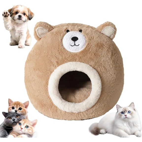 Enclosed Cat Cave Bed, Cozy Bear-Shaped Plush Cat Bed with Hooded Cover, Warm Calming Hideaway for Indoor Cats & Kittens, Machine Washable (M-48x48x44cm)