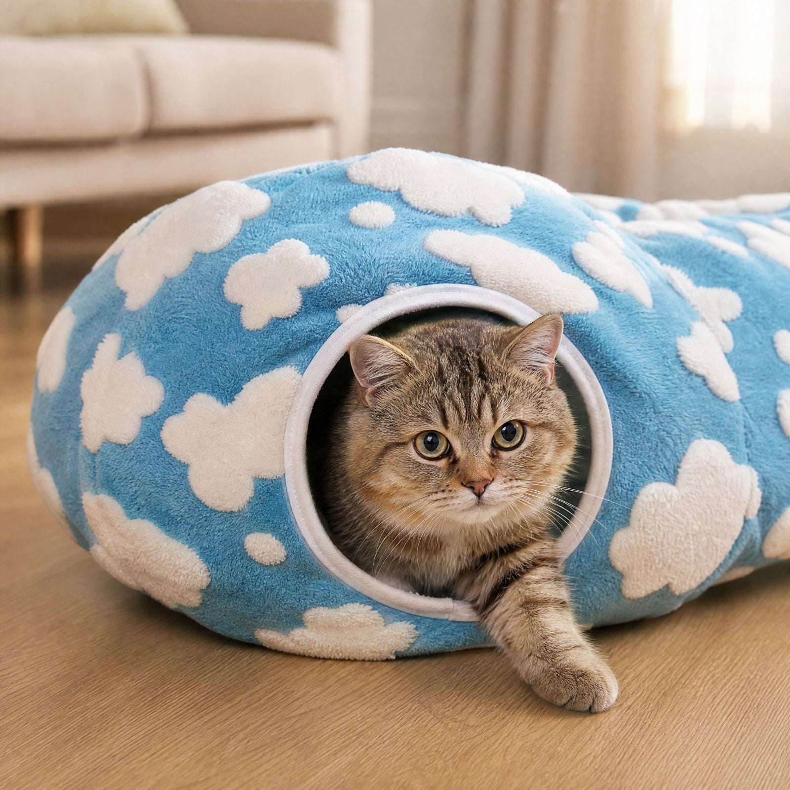 Enclosed Cat Cave Bed with Soft Plush Fabric and Cloud Pattern, Sky ...