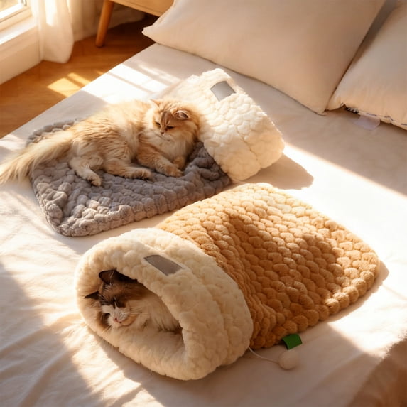 Enclosed Cat Cave Bed with Thick Winter Padding, Foldable Soft Cat Sleeping Bag House for Cats Under 18 lb (8 kg)