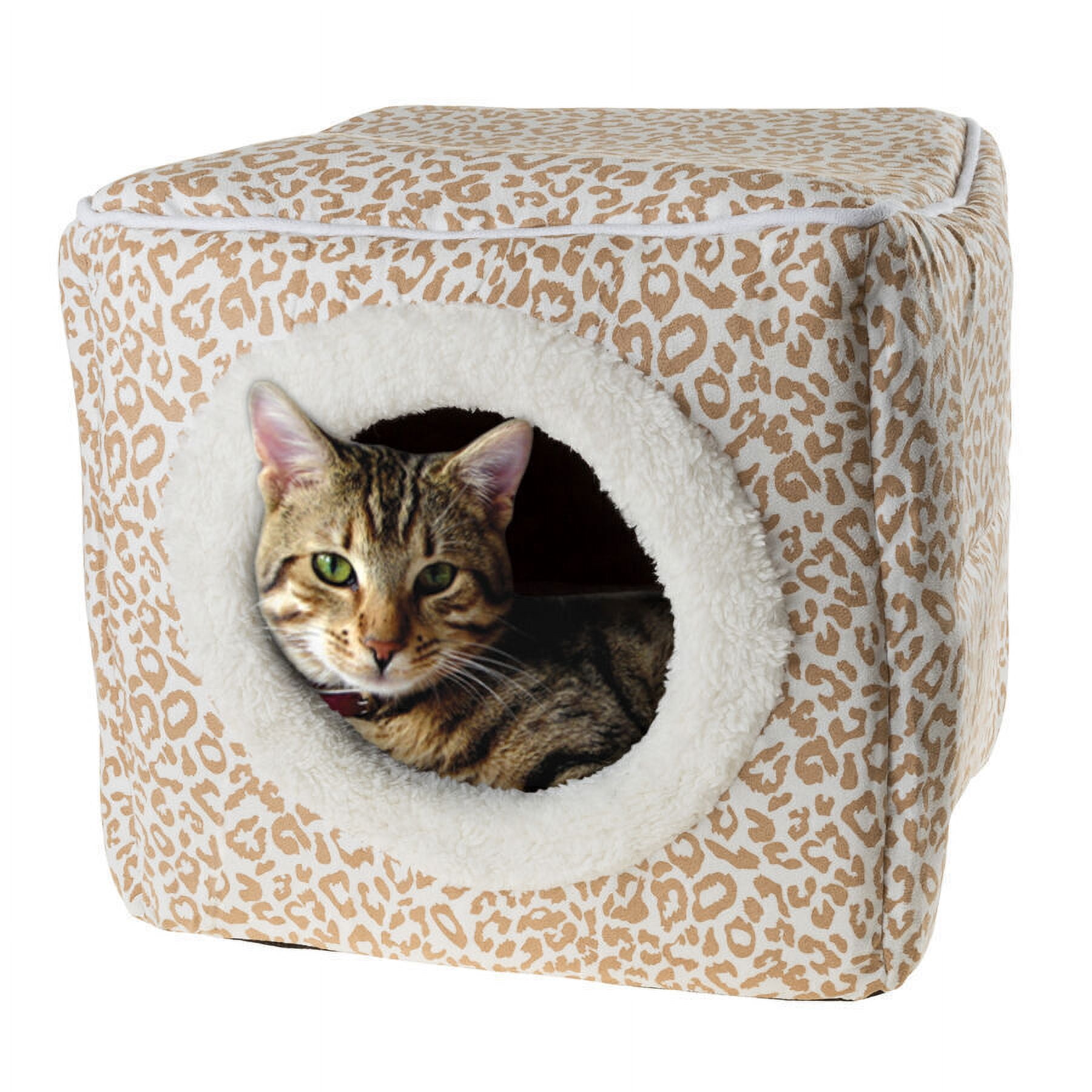 Medium Tan and White Animal Print Foam Cat Cave Bed