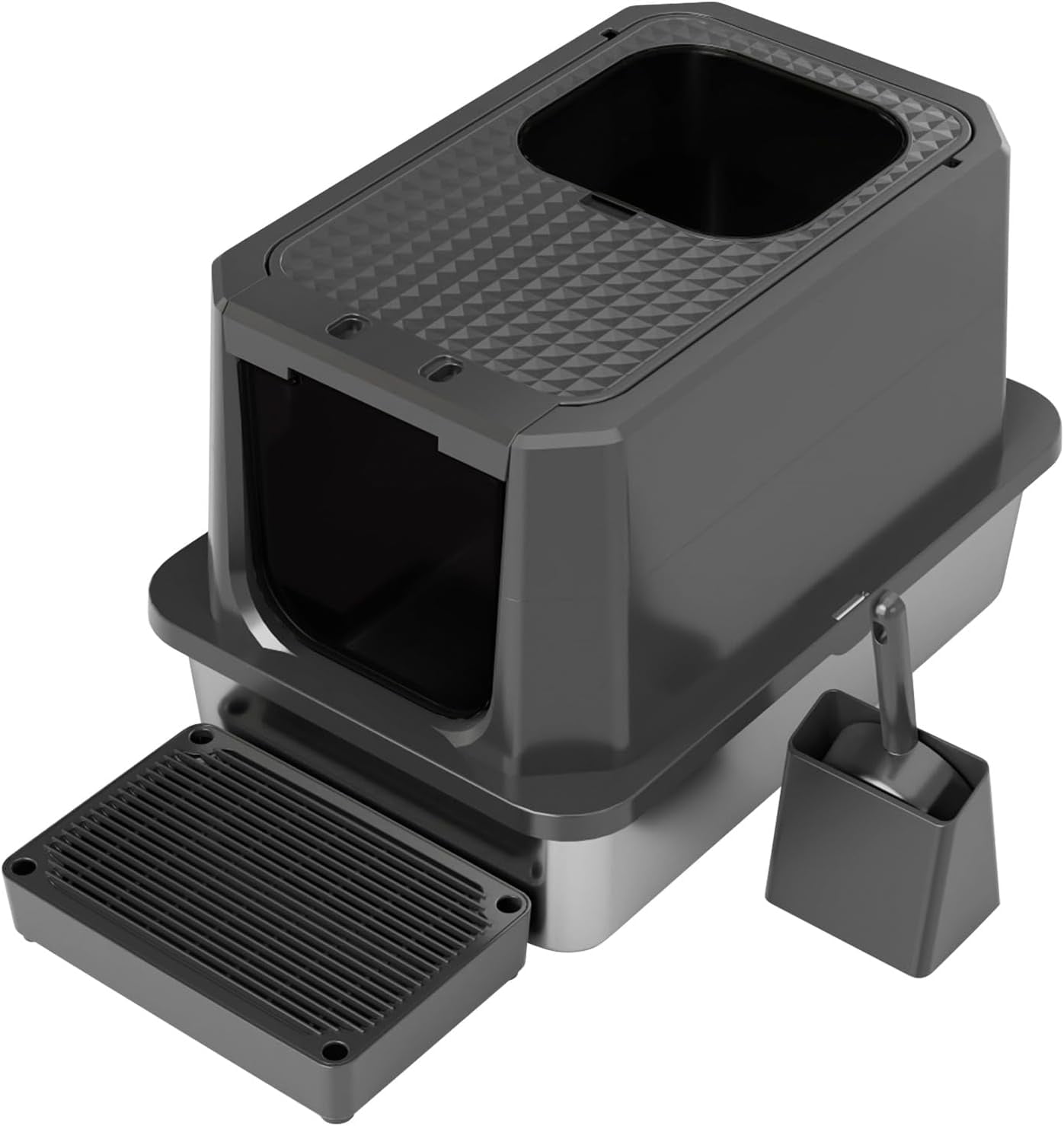 Enclosed Cat Litter Box: All Black Stainless Steel - Odor-Resistant & Easy Wipe Clean - Teflon Non-Stick Coating for Quick Cleaning - Large Top-Exit Pan for Modern Homes Garage
