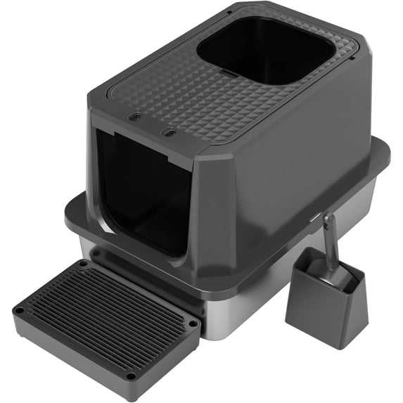 Enclosed Cat Litter Box: All Black Stainless Steel - Odor-Resistant & Easy Wipe Clean - Teflon Non-Stick Coating for Quick Cleaning - Large Top-Exit Pan for Modern Homes Garage