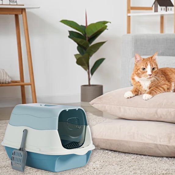 Enclosed Cat Litter Box with Door, Odor Control & Splash Proof Large Hooded Litter Box for Cats, Easy Clean with Non-slip Base, Green/Pink/Purple/Blue, 33x50x34cm
