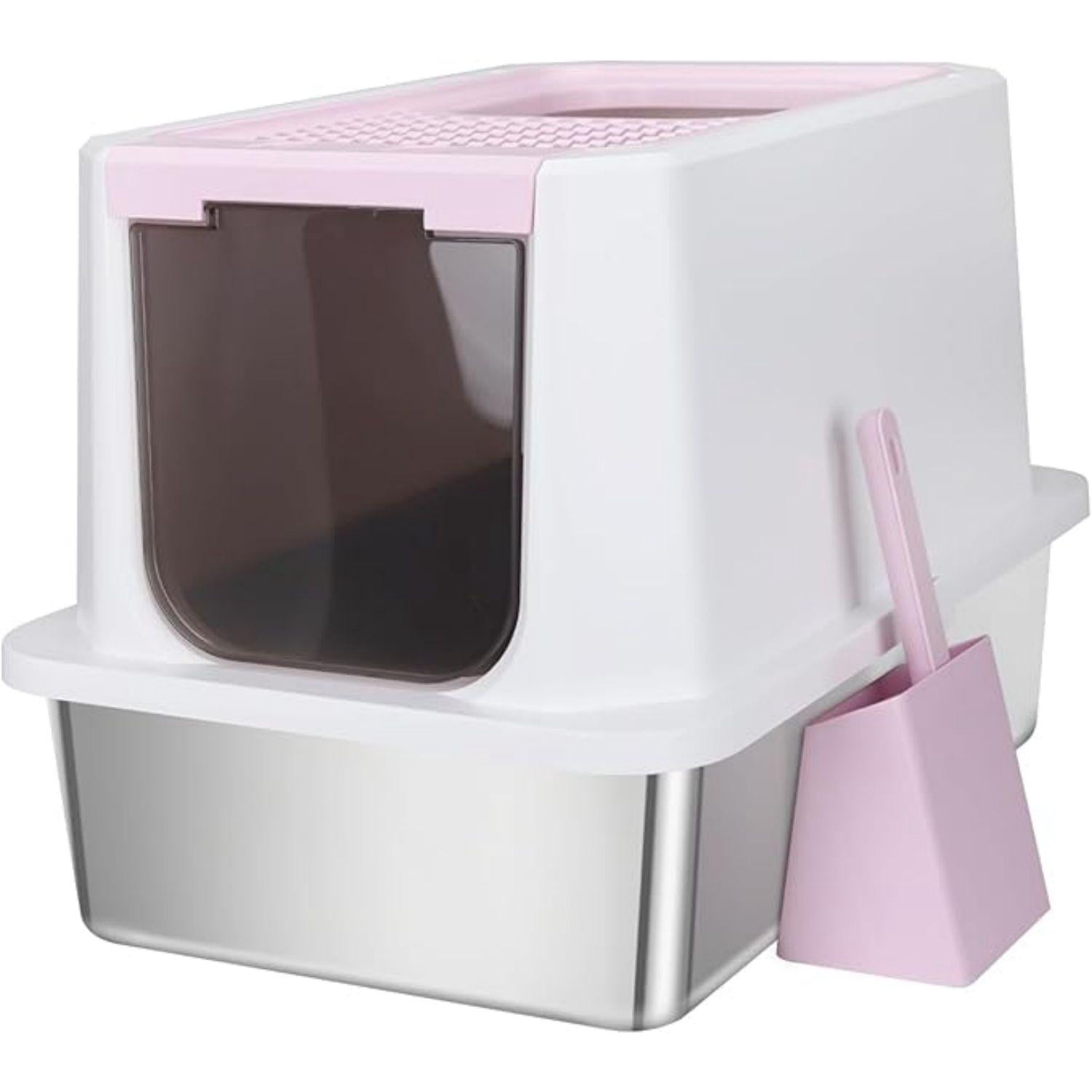 Enclosed Cat Litter Box: Extra Large Pink Litter Pan with Top Exit & Anti-Leak Design - Teflon Non-Stick Coating Stainless Steel Cleaning - Odor-Control in Garage Utility Room