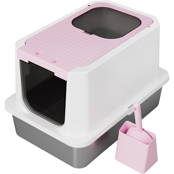 Enclosed Cat Litter Box: Extra Large Pink Litter Pan with Top Exit & Anti-Leak Design - Teflon Non-Stick Coating Stainless Steel Cleaning - Odor-Control in Garage Utility Room
