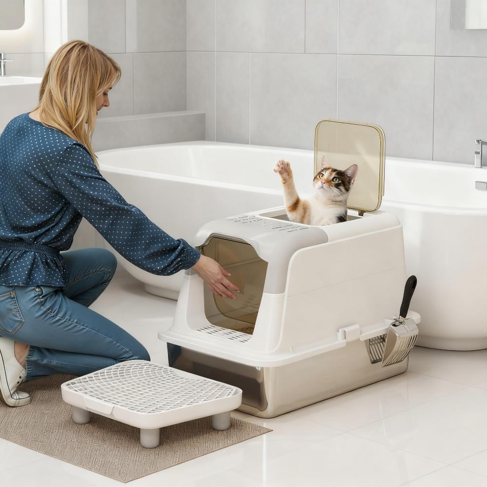 Enclosed Cat Litter Box with Front Entry Top Exit, Stainless Steel Litter Box Includes Scoop, Deodorizer Bag and Litter Trapping Pedal, Easy Clean Anti-Scratch Indoor Cat Toilet White Gray