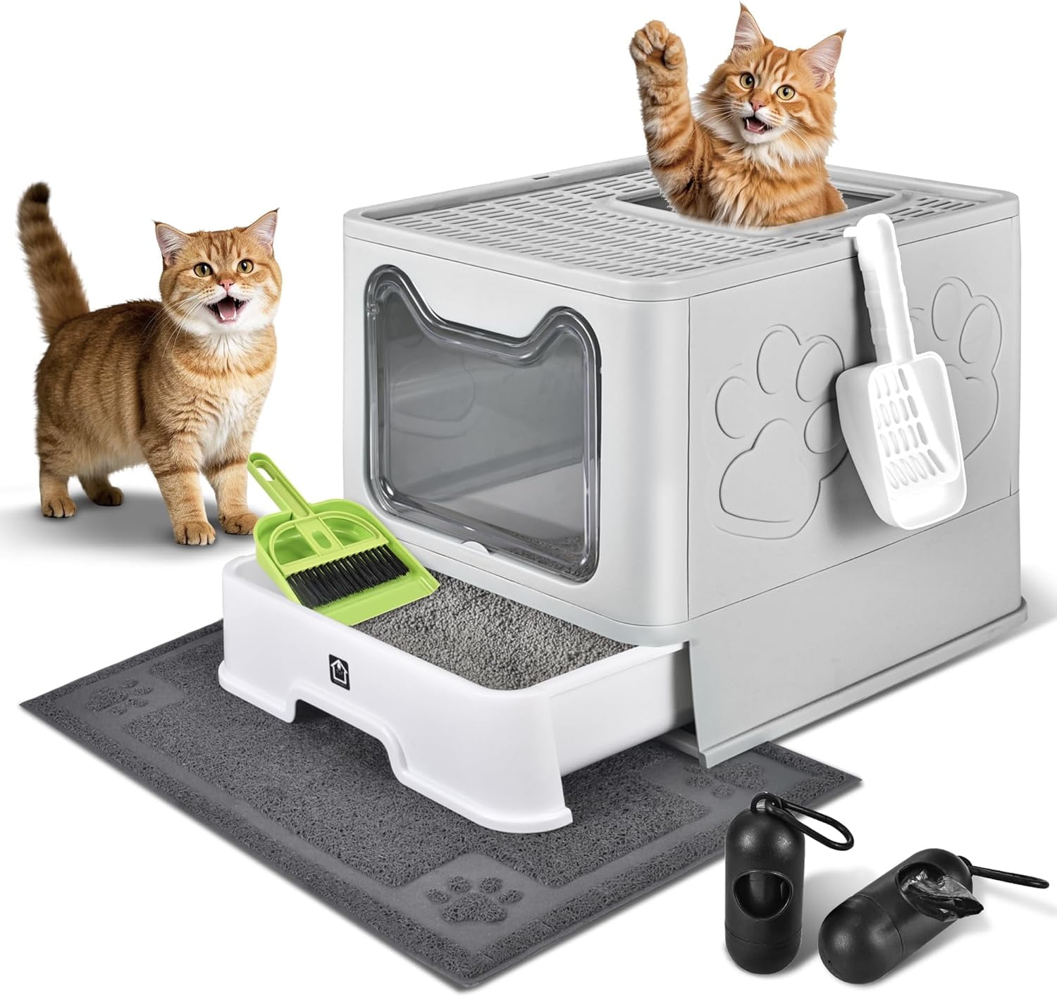 Enclosed Cat Litter Box with Lid Foldable Potty,Drawer Type Extra Large Cover Litter Box with Mat, Kitty Free in and Out/One-Way,Odor Control Anti-Splashing Easy Cleaning (Light Grey)
