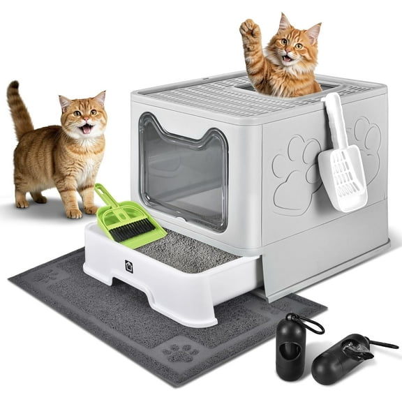 Enclosed Cat Litter Box with Lid Foldable Potty,Drawer Type Extra Large Cover Litter Box with Mat, Kitty Free in and Out/One-Way,Odor Control Anti-Splashing Easy Cleaning (Light Grey)