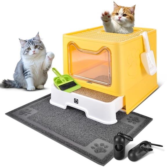 Enclosed Cat Litter Box with Lid Foldable Potty,Drawer Type Extra Large Cover Litter Box with Mat, Kitty Free in and Out/One-Way,Odor Control Anti-Splashing Easy Cleaning (Yellow)