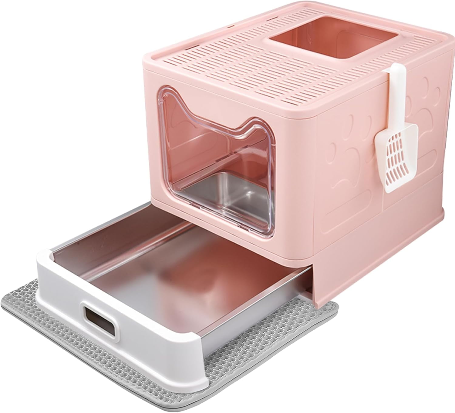 Enclosed Cat Litter Box with Lid Top Exit Covered Metal Stainless Steel Litter Box Leak Proof & Odorless Easy to Clean Including Cat Litter Scoop and Cat Litter Mat