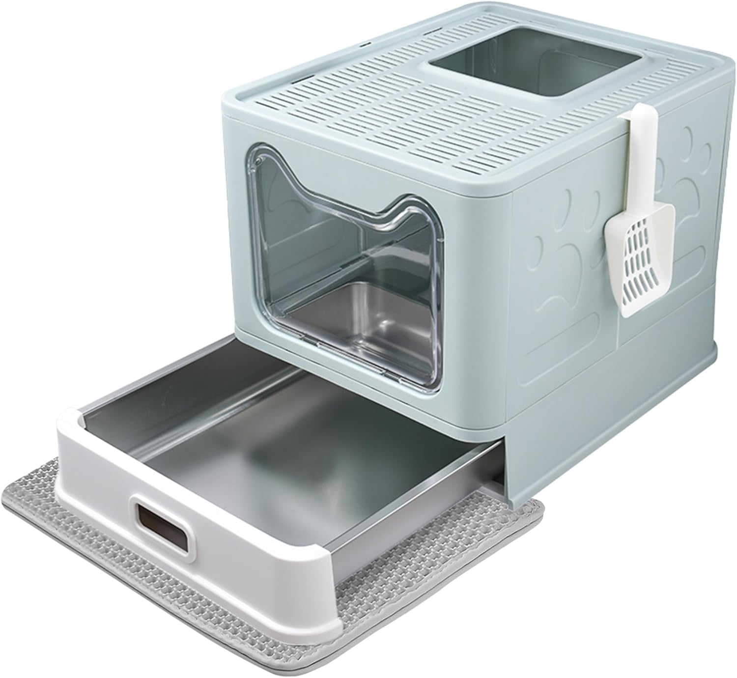 Enclosed Cat Litter Box with Lid Top Exit Covered Metal Stainless Steel Litter Box Leak Proof & Odorless Easy to Clean Including Cat Litter Scoop and Cat Litter Mat