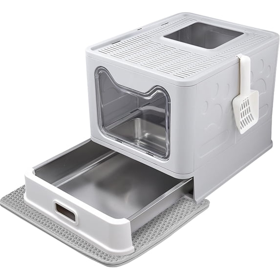 Enclosed Cat Litter Box with Lid Top Exit Covered Metal Stainless Steel Litter Box Leak Proof & Odorless Easy to Clean Including Cat Litter Scoop and Litter Mat