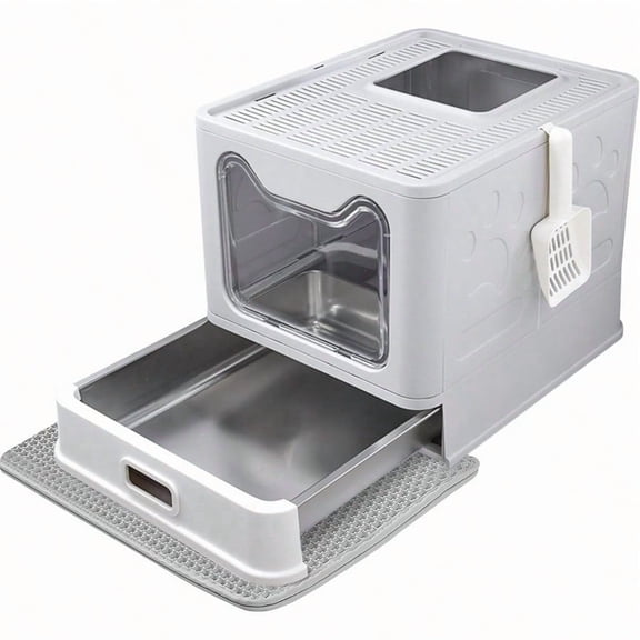 Enclosed Cat Litter Box with Lid Top Exit Covered Metal Stainl Steel Litter Box Leak Proof Odorl Easy to Clean Including Cat Litter Scoop and Litter Mat