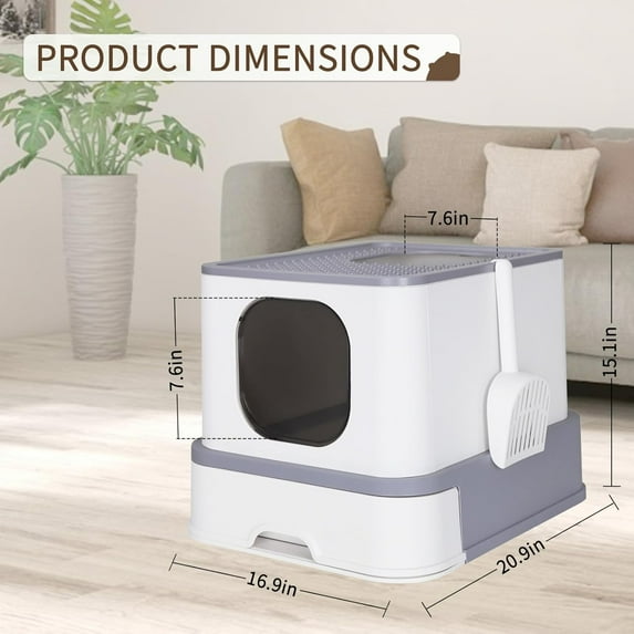 Enclosed Cat Litter Box: Light Gray Plastic Non-Stick Cat Toilet - Easy Clean Litter Pan 20.9" x 16.9" x 15.1" for Cats Under 20 lbs - Multi-Cat Homes - Living Rooms & Laundry Rooms