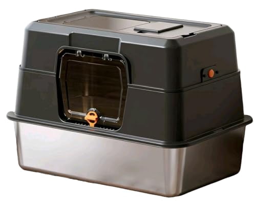 Enclosed Cat Litter Box, Stainless Steel Base Anti-Urine Leakage Non-Sticky Dual Entry Top and Front Door for Pets (Black)