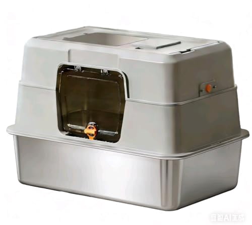 Enclosed Cat Litter Box, Stainless Steel Base Anti-Urine Leakage Non-Sticky Dual Entry Top and Front Door for Pets (Gray)