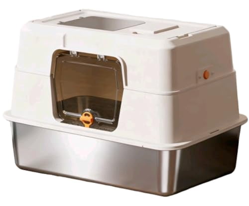 Enclosed Cat Litter Box, Stainless Steel Base Anti-Urine Leakage Non-Sticky Dual Entry Top and Front Door for Pets (White)