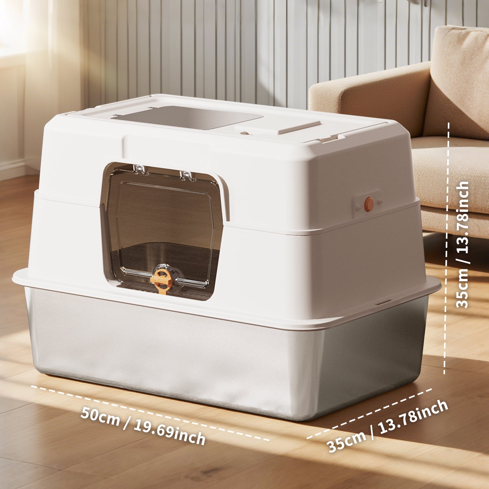 Enclosed Cat Litter Box, Stainless Steel Base with Transparent Door, Anti-Splash Odor Control, Dual Access Front & Top Entry, Detachable Cat Toilet for Large Cats