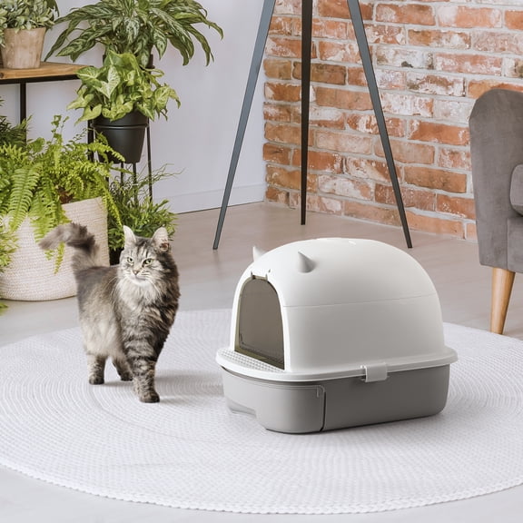 Enclosed Cat Litter Box with Drawer, Cute Devil Horn Design, Hooded Kitty Litter Box with Scoop & Deodorant Box for Cats Up to 15Lbs
