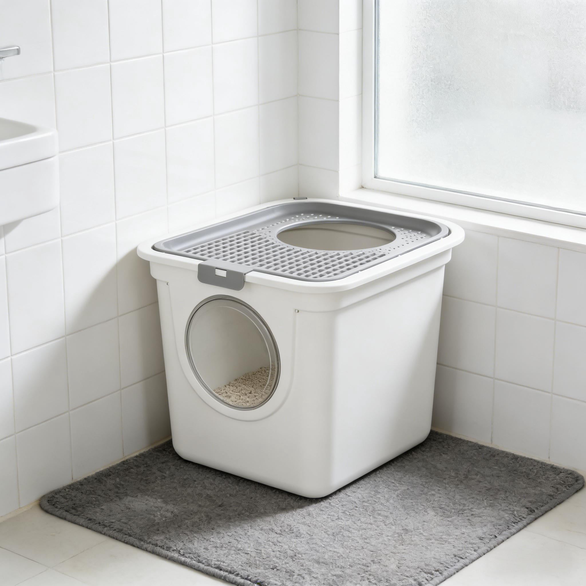Enclosed Cat Litter Box with Front Entry & Top Exit, Ventilated PE Litter Box, with Scoop & Pull-out Tray, for Cats Under 10 lbs
