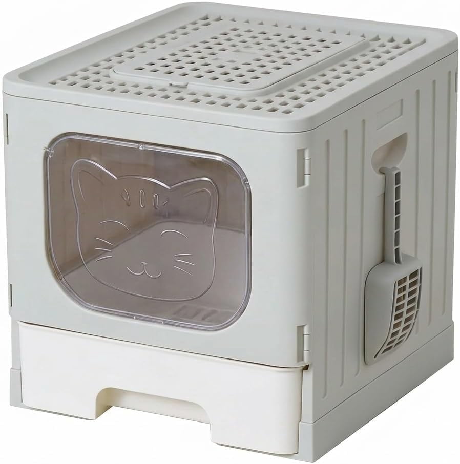 Enclosed Cat Litter Box with Lid, High-Sided Kitty Litter Pan with Drawer and Scoop, Grey