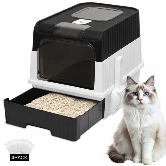 PHANCIR Enclosed Cat Litter Box, Foldable Lightweight with Litter Scoop, Easy to Clean, Black
