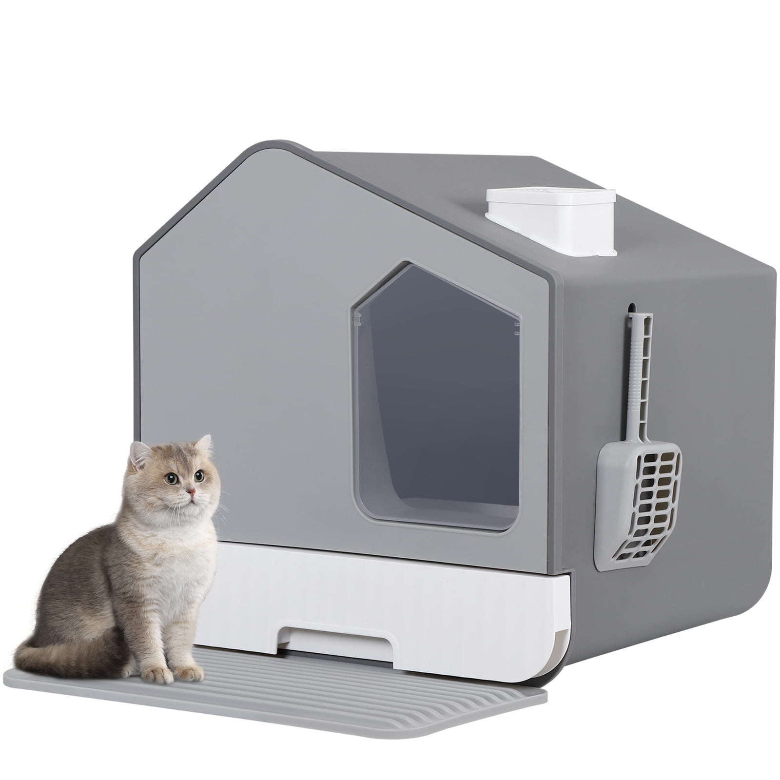 Enclosed Cat Litter Box with Litter Scoop and Slide-Out Tray Anti-Leakage Grey