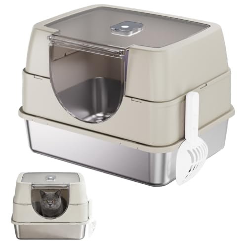 Enclosed Cat Litter Box with Scoop, Side Entry Cat Litterbox for Kitty & Multi-Cat, Anti-Leakage, Non-Sticky (Beige)