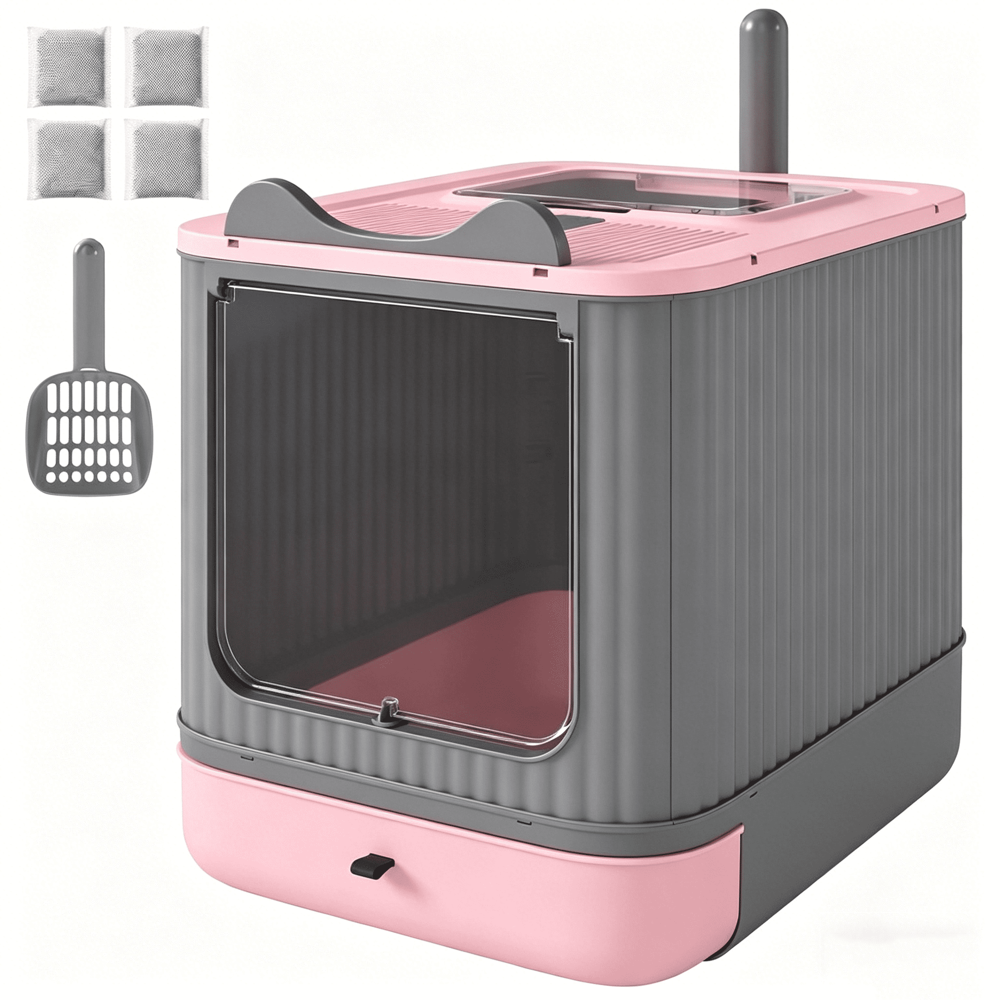 Enclosed Cat Litter Box with Slide-Out Tray for Small-Medium Cats, Top-Exit Design, Odor Control, Includes Scoop & Charcoal Packs, Pink