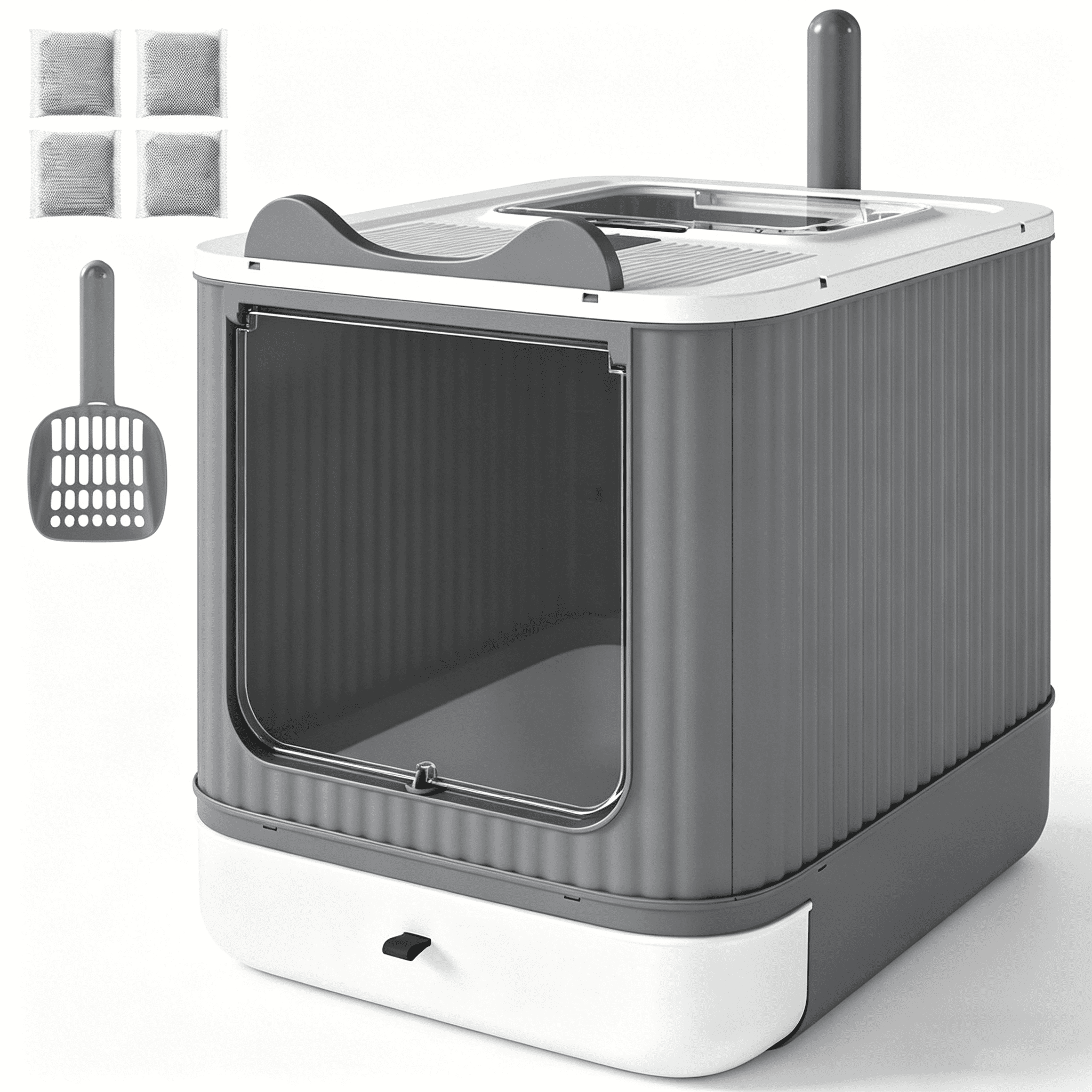 Enclosed Cat Litter Box with Slide-Out Tray for Small-Medium Cats, Top-Exit Design, Odor Control, Includes Scoop & Charcoal Packs, White