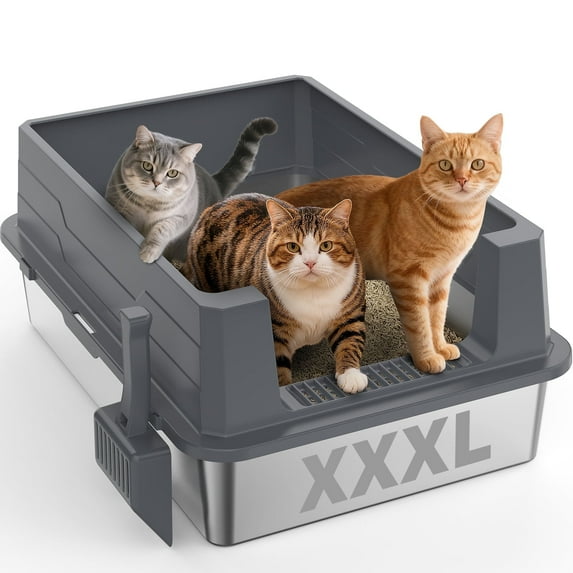 XXXL Cat Litter Box Jumbo for Big Cat Multiple, Metal Litter Box with High Sides, Extra Large Stainless Steel Litter Box with Scoop, Easy to Clean, Dark Gray