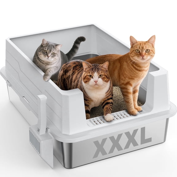 Enclosed Cat Litter Boxes with Lid, Stainless Steel Extra Large Litter Box for Big Cats and Multi-cat, High Sided, Anti-Urine Leakage, Non-Stick, Silver Gray