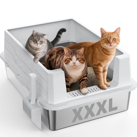 Enclosed Cat Litter Boxes with Lid, Stainless Steel Extra Large Litter Box for Big Cats and Multi-cat, High Sided, Anti-Urine Leakage, Non-Stick, Silver Gray
