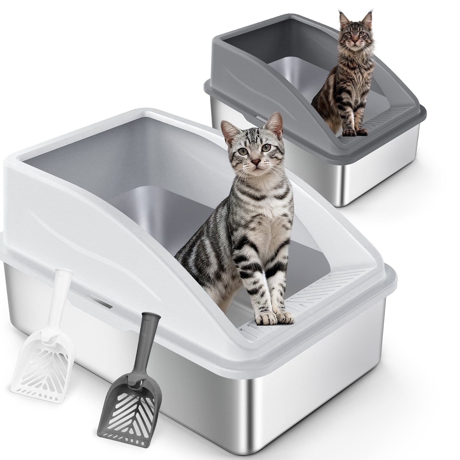 2 Pcs Stainless Steel Cat Litter Box with High Sides, Xl Stainless Steel Litter Box for Big Cats and Multi-cat, Anti-urine Leakage, Non-stick, Dark Gray and Silver Gary