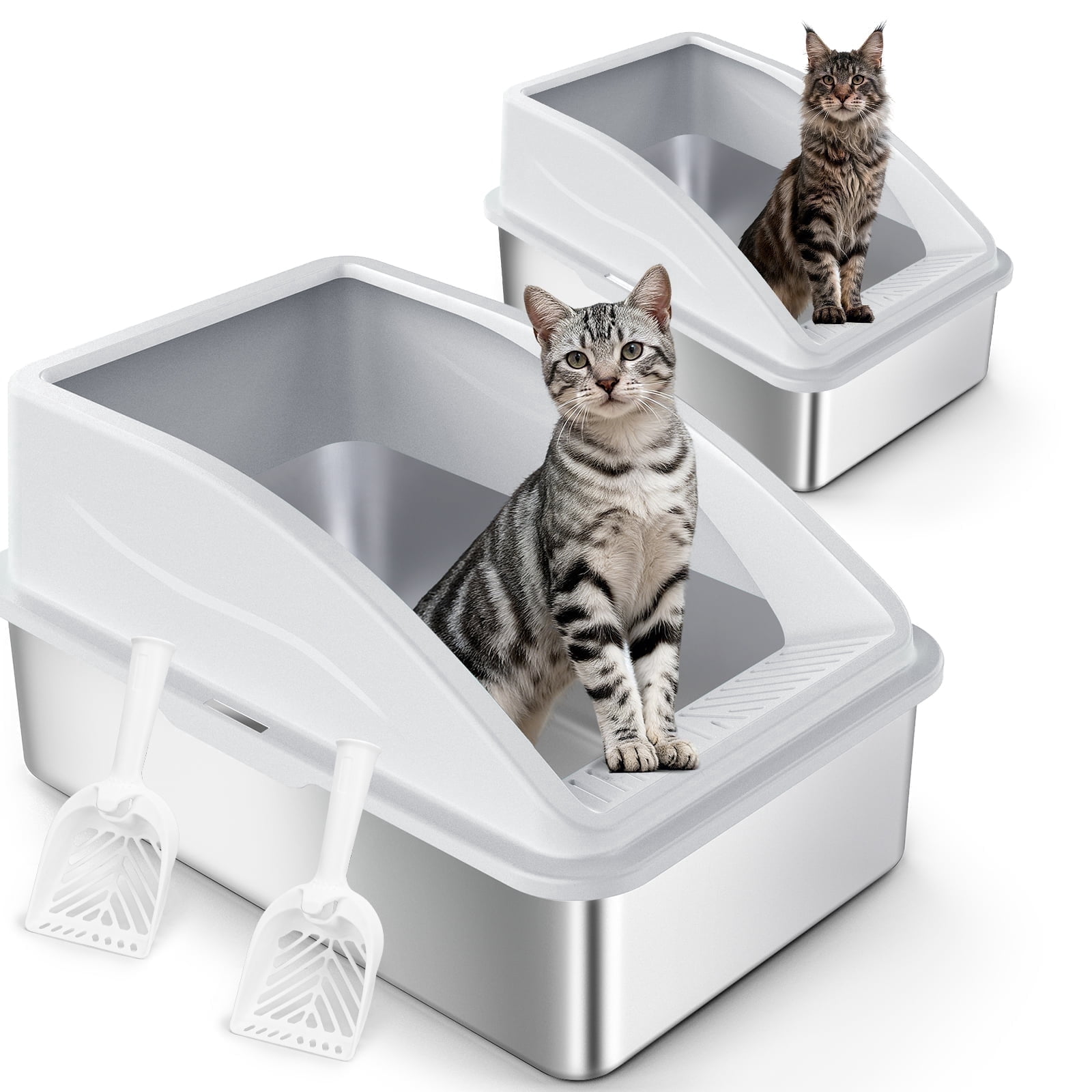 Enclosed Cat Litter Boxes, Stainless Steel Extra Large Litter Box with Lid for Big Cats and Multi-cat, High Sided, Anti-Urine Leakage, Non-Stick, Silver Gray*2