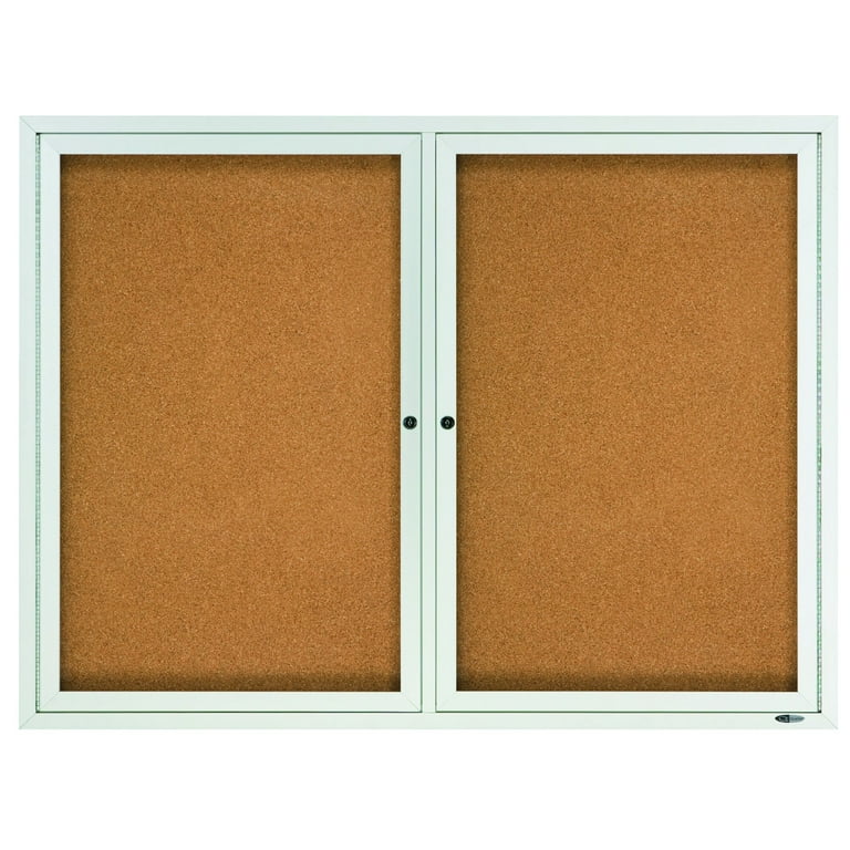 Enclosed Indoor Cork Bulletin Board with Two Hinged Doors, 48 x 36, Tan Surface, Silver Aluminum Frame Enclosed Indoor Cork Bulletin Board with Two Hinged Doors, 48 x 36, Tan Surface, Silver Aluminum Frame