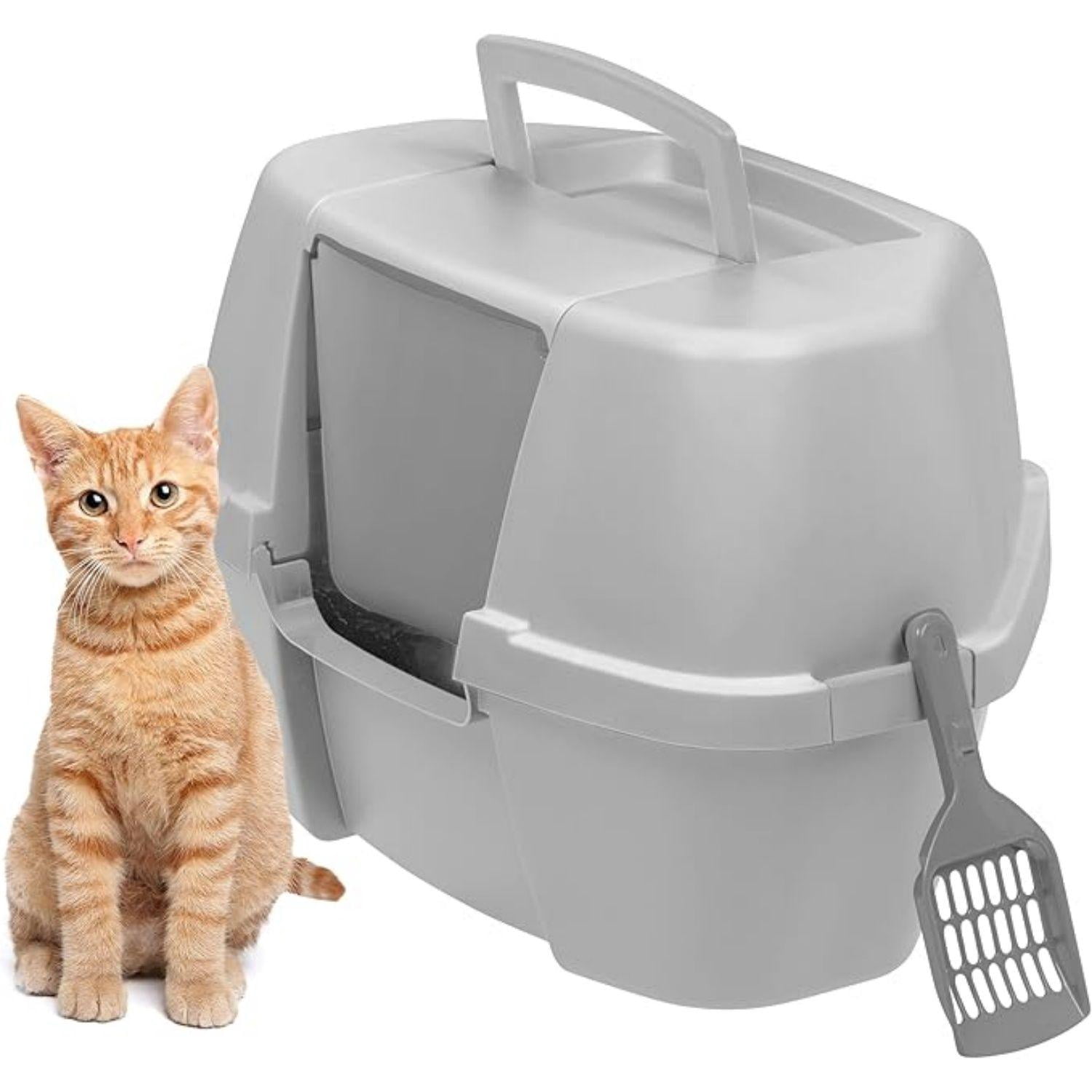 Enclosed Corner Litter Box with Scoop, Hooded Litter Tray for Corners, Space-Saving Covered Litter Box, Odor Defensive, Gray