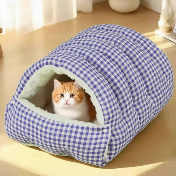 Enclosed Fleece-Lined Pet Bed - Removable Washable Dog & Cat Bed, Winter Warm Dual-Purpose Pet Nest & Mat, Blue