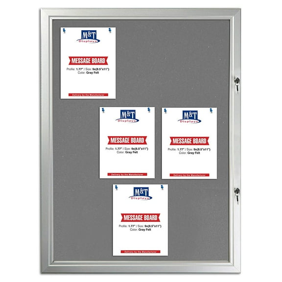 Enclosed Gray Felt with Cork Bulletin Board for Outdoor Use, 9x(8.5x11) Inch Paper Size, Lockable Silver Profile, Shatter Resistant Cover, Includes Keys Pins and Mounting Hardware