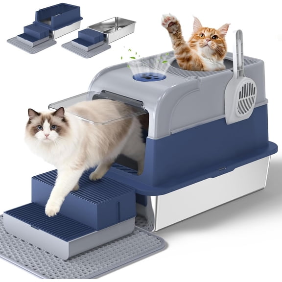 Enclosed Litter Box, XL Stainless Steel Litter Box with Lid, Storage Pedals, High-Side & Odor Free, Litter Mat & Scoop Included, Easy to Clean