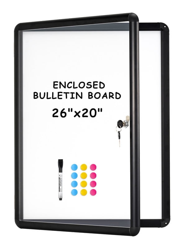 Enclosed Lockable 26"x20" Magnetic Whiteboard Cabinet for Wall Outdoor Use Noticeboard Tamperproof Dry Erase Cabinet for Wall Office with 4 Magnets, Black Aluminium Framed