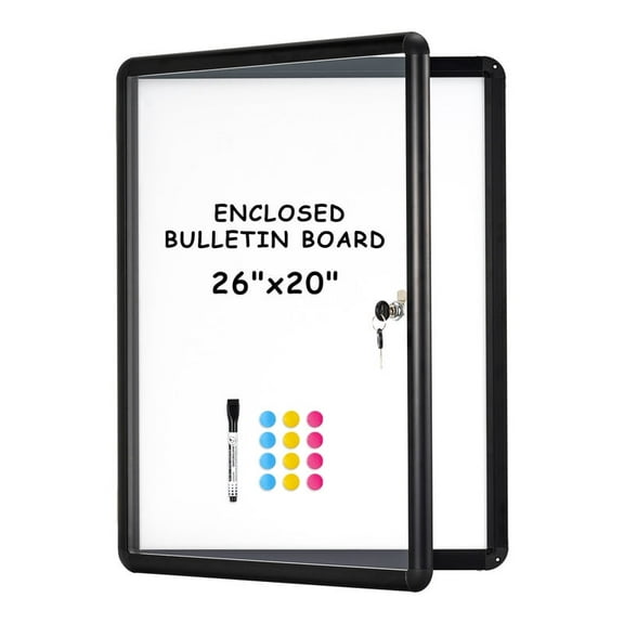 Enclosed Lockable 26"x20" Magnetic Whiteboard Cabinet for Wall Outdoor Use Noticeboard Tamperproof Dry Erase Cabinet for Wall Office with 4 Magnets, Black Aluminium Framed