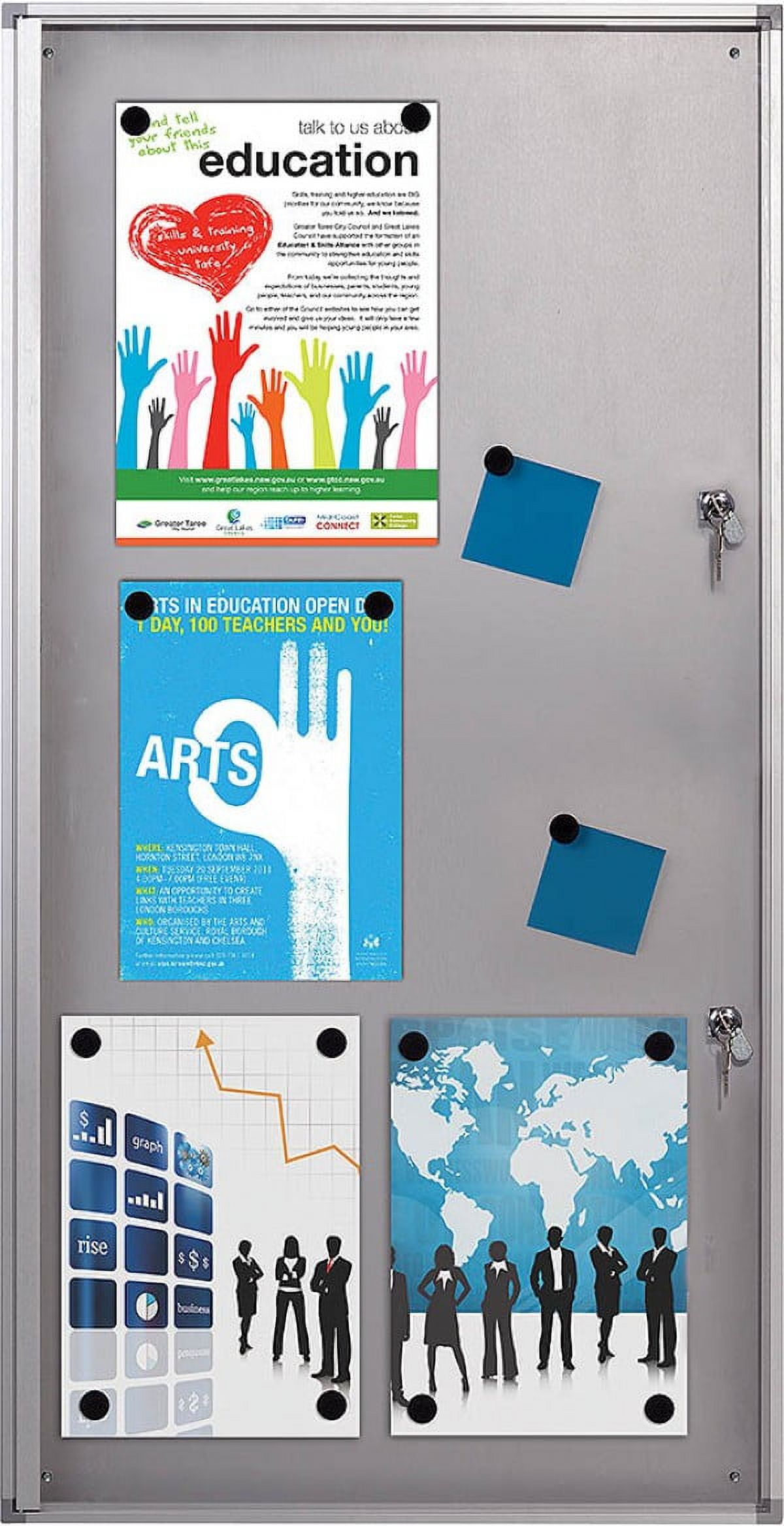 Enclosed Magnetic Bulletin Board for Indoor Use, 6x(8.5x11) Inch Paper Size, Lockable Silver Profile, Includes Keys Magnets and Mounting Hardware