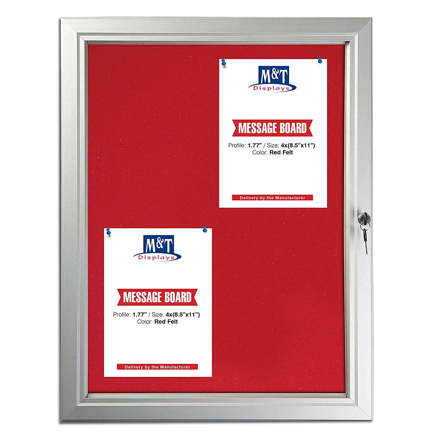 Enclosed Red Felt with Cork Bulletin Board for Outdoor Use, 4x(8.5x11) Inch Paper Size, Lockable Silver Profile, Shatter Resistant Cover, Includes Keys Pins and Mounting Hardware