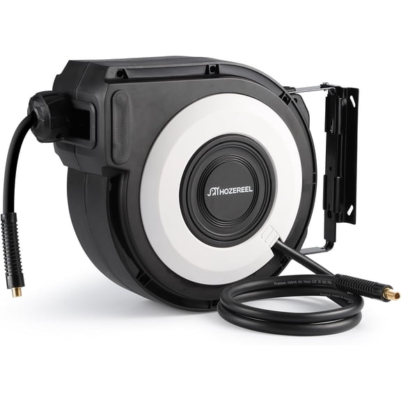 Enclosed Retractable Air Hose Reel, 3/8 Inch x 50+5 Ft Hybrid Hose Air Compressor Hose Reel in Max 300 PSI Design, 180Swivel Bracket Quick Coupler