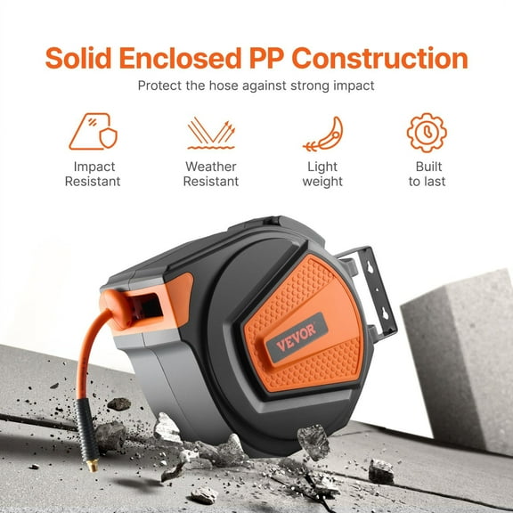 Enclosed Retractable Air Hose Reel 65ft, 3/8 Inch, 300 PSI, Hybrid Construction, Space Saving